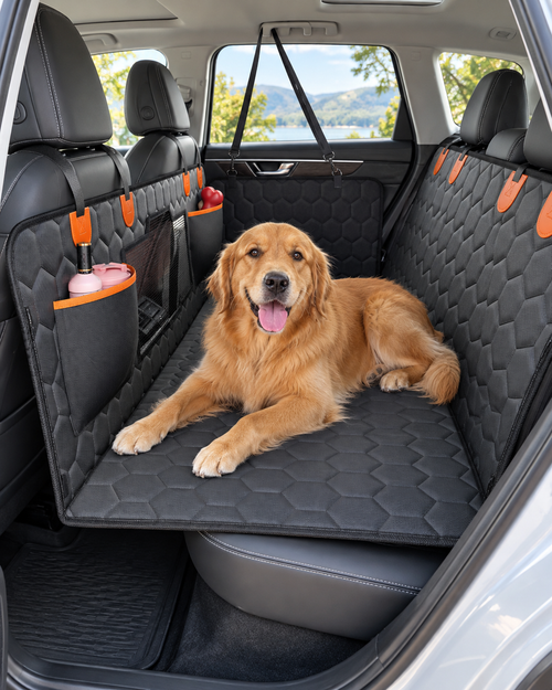 RoadNest installed across the back seat with a dog resting on the flat platform