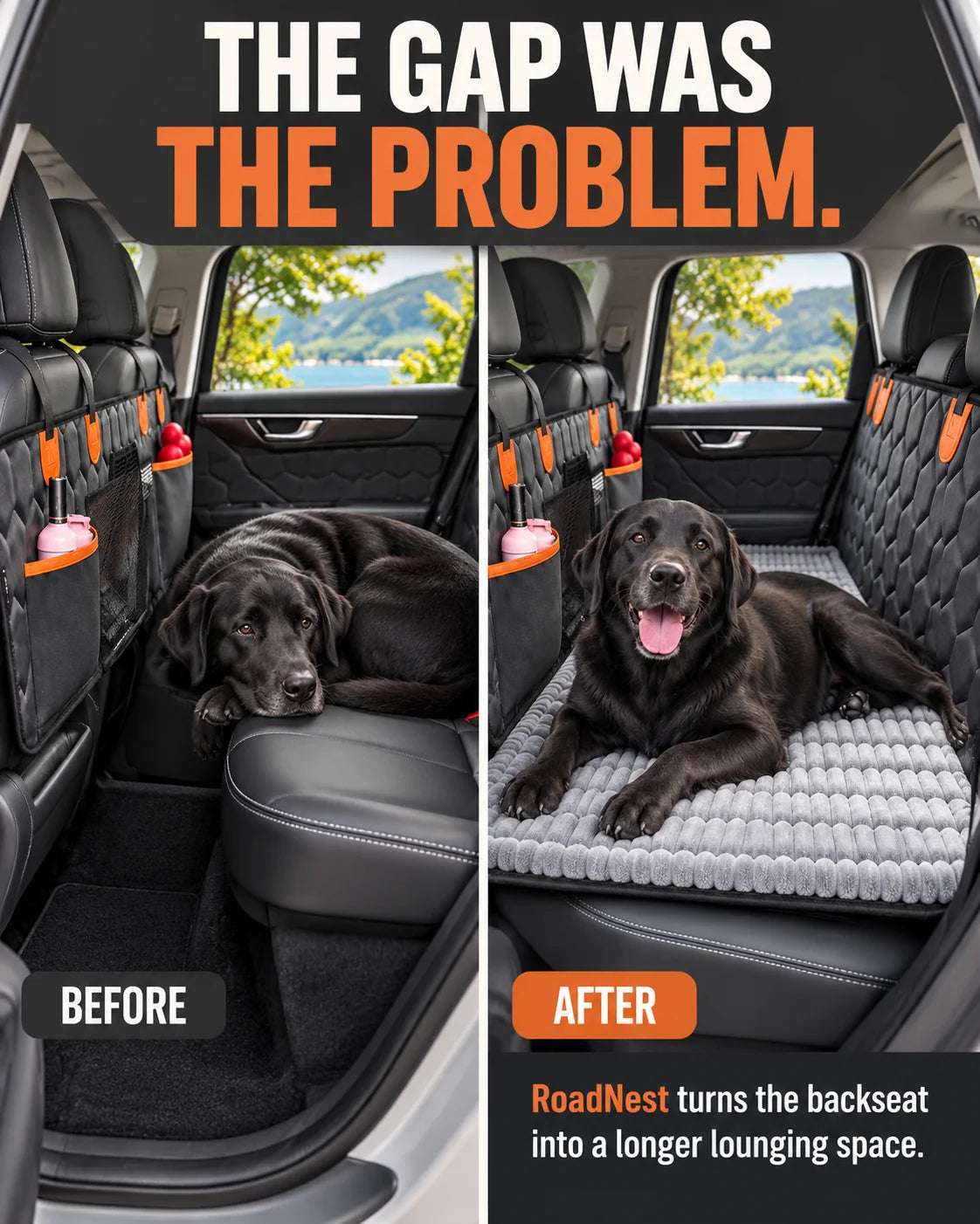 Before and after comparison showing how RoadNest bridges the rear footwell gap