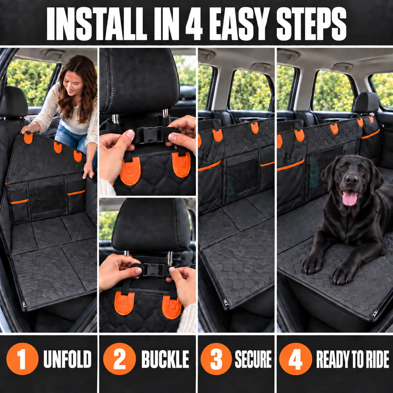Install RoadNest in four steps: unfold, buckle the headrest straps, secure the platform and check it is ready to ride